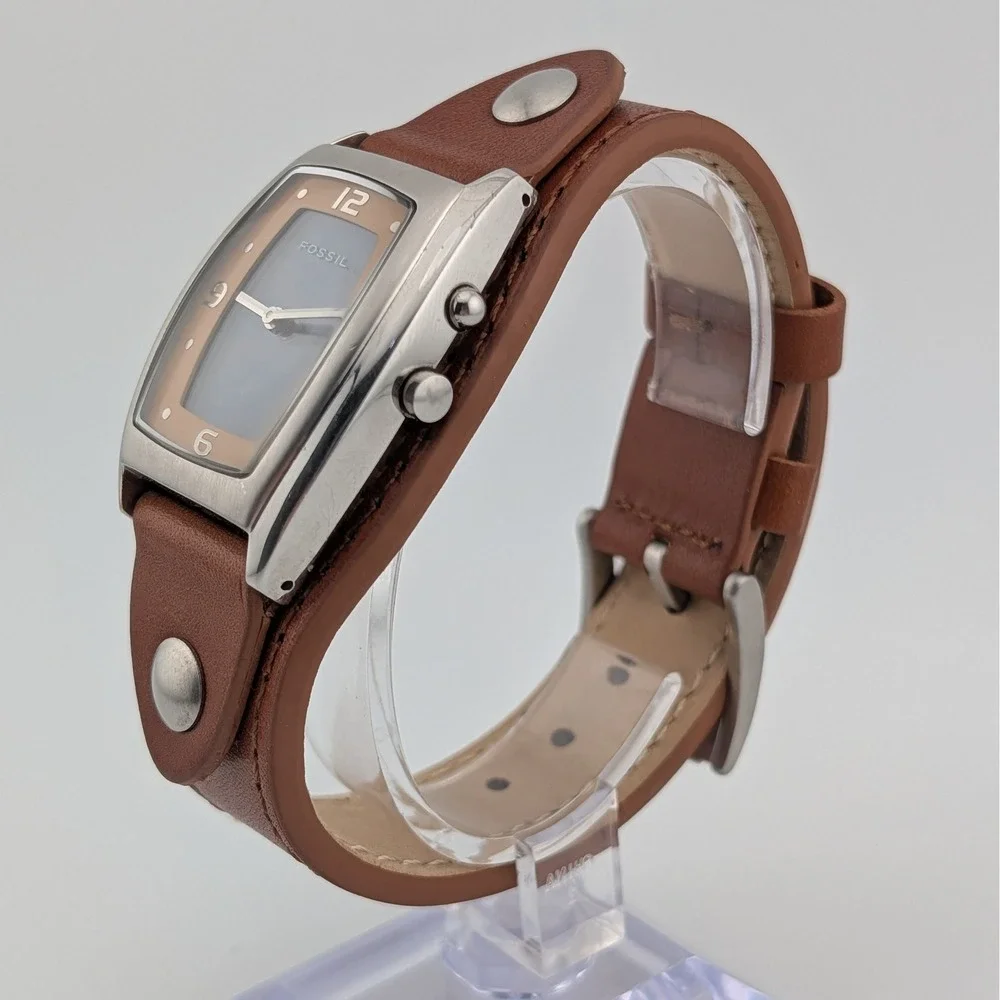 Fossil JR-8185 Y2K Flip Dial Unisex Cuff Watch Tan Leather Retro Futuristic 30mm